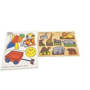 Vtg 1983 Playskool Favorite Toys & Small World Zoo Animals Wooden Peg Puzzles